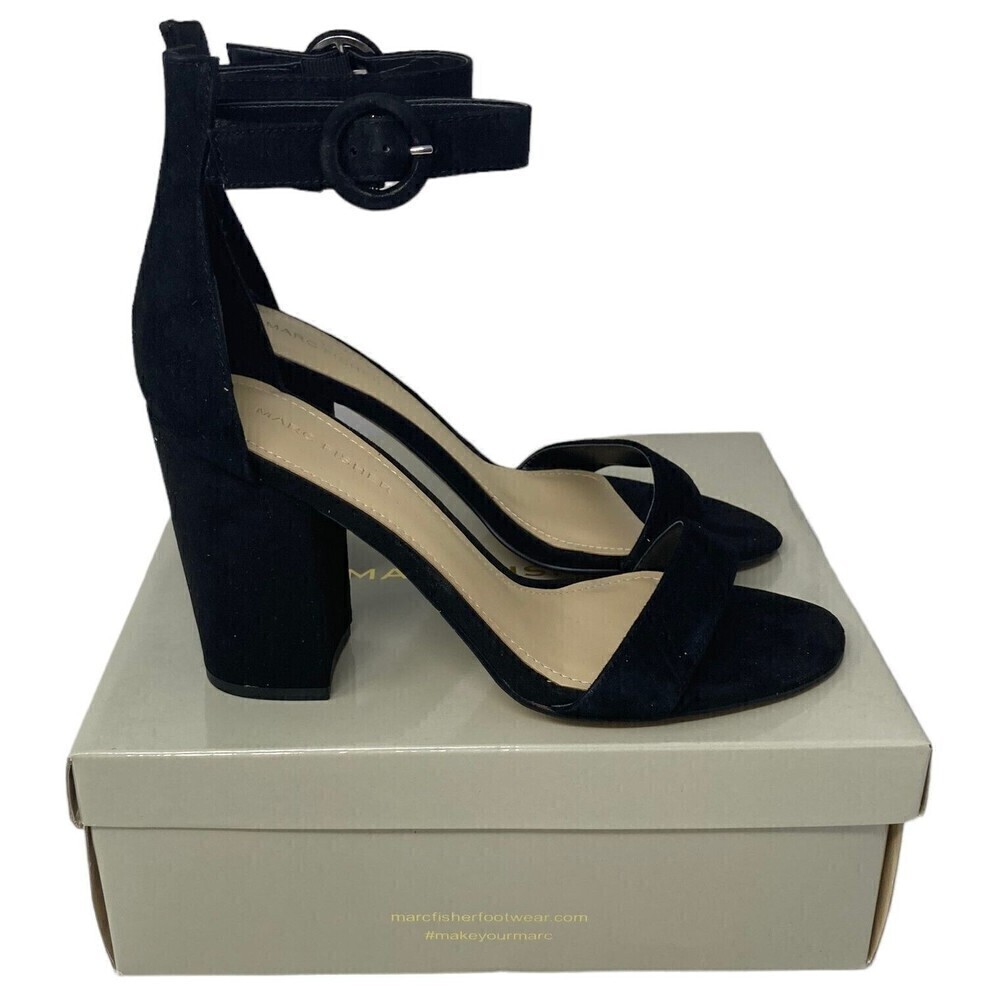 NEW Marc Fisher Magali Heel Size 9.5 M Suede Open Toe Shoe Ankle Strap Black